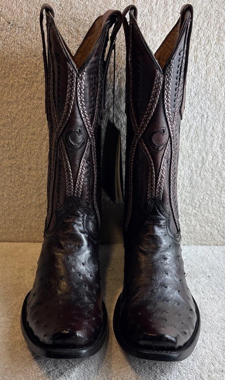 Cuadra Men Black Cherry Ostrich Leather Narrow Square Toe Boots Size 6 EE 57642